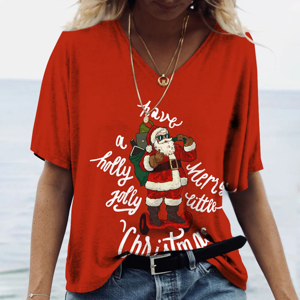Merry Christmas Women's Short sleeved V-neck T-shirt Christmas Tree Santa Claus Letter Print Simple Trendy Trend Women Clothing
