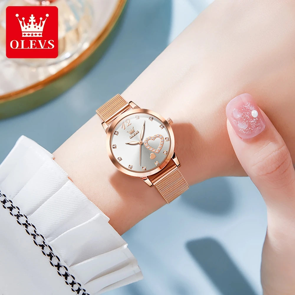 OLEVS 5189 Women's Watch Quartz Wristwatch Casual Fashion Watch for Ladies Waterproof Luminous Mesh Belt Love Dial Zircon Scale