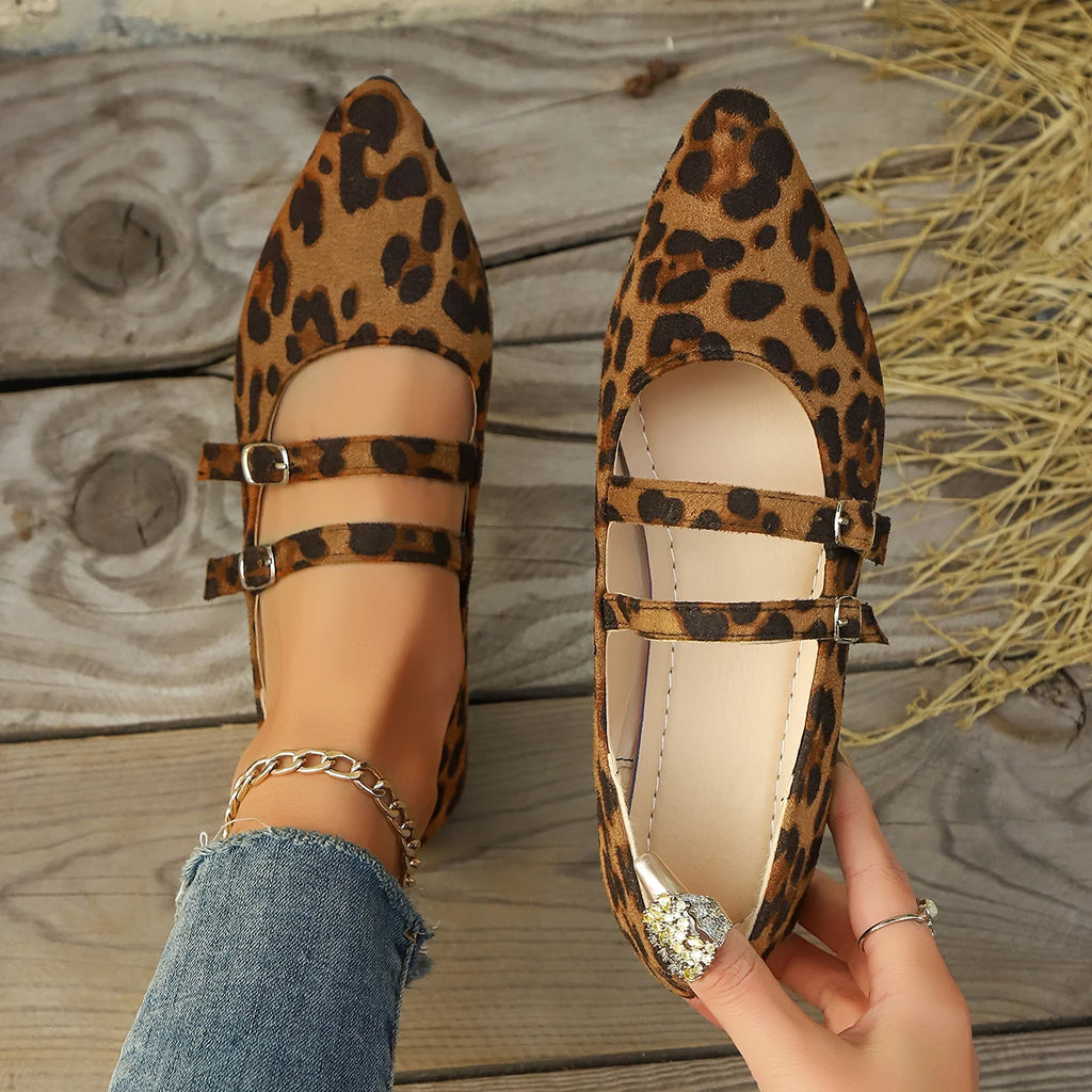 Women's Niche Pointed-Toe Leopard-Print Shoes: New French-Style Slip-On Loafers with Ankle Strap, Ideal for Daily Commute