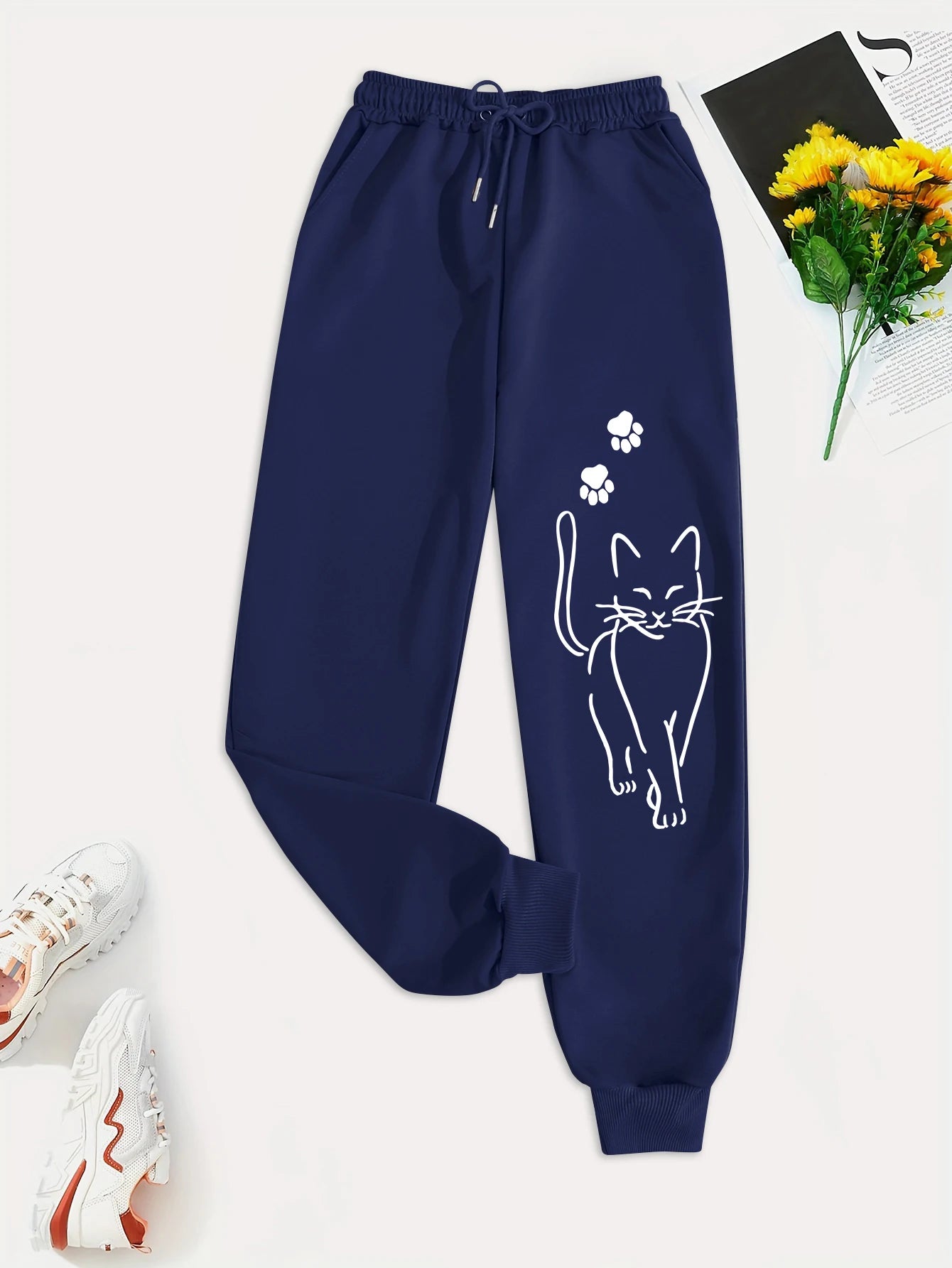 Elegant Cat Print Casual Versatile Women Pants Fashion Trendy Trousers With Drawstring Pockets Comfortable Sweatpants Female