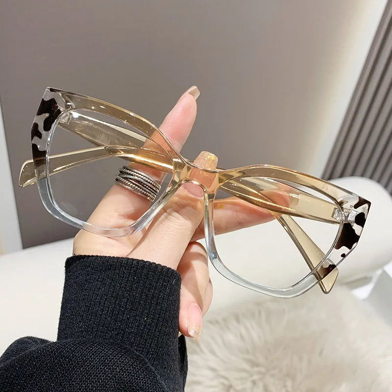 Luxury Brand Designer Women Fashion Cat Eye Anti Blue Light Glasses Double Color Big Frame Reading Glasses Presbyopia Eyewear