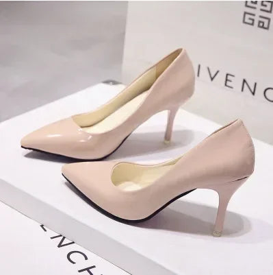 Nude Pumps for Women High Heel Shoes Female Fashion Patent Leather Sexy Pointed Toe Thin Heel Wedding Shoes Plus Size 34-44