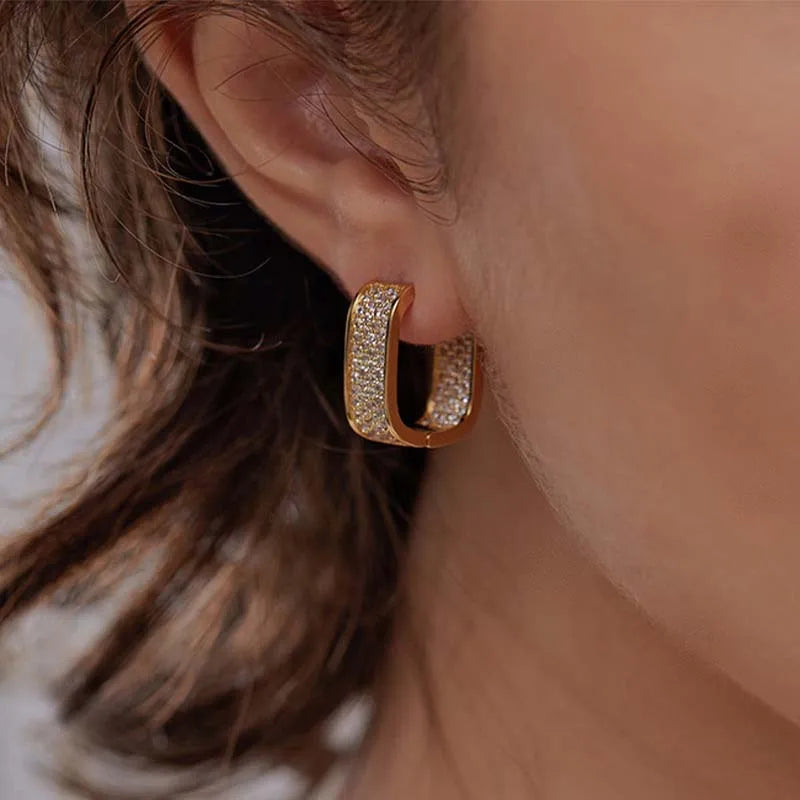 Stainless Steel Gold Silver Color Square Hoop Earrings for Women Luxury Shiny CZ Zircon Geometric Earrings Wedding Jewelry