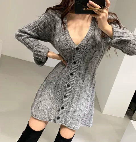 Sweater Dress for Women Long Sleeve Cable Knit Button Down Knitted Mini Dress for Women Teen-girl Fall Winter Chic Outfit