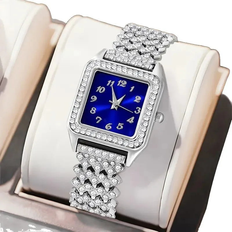 5Pcs/Fashion Roman Full Diamond Square Ladies Watch Women's Quartz Watch + Necklace, Earrings, Rings Jewelry Set