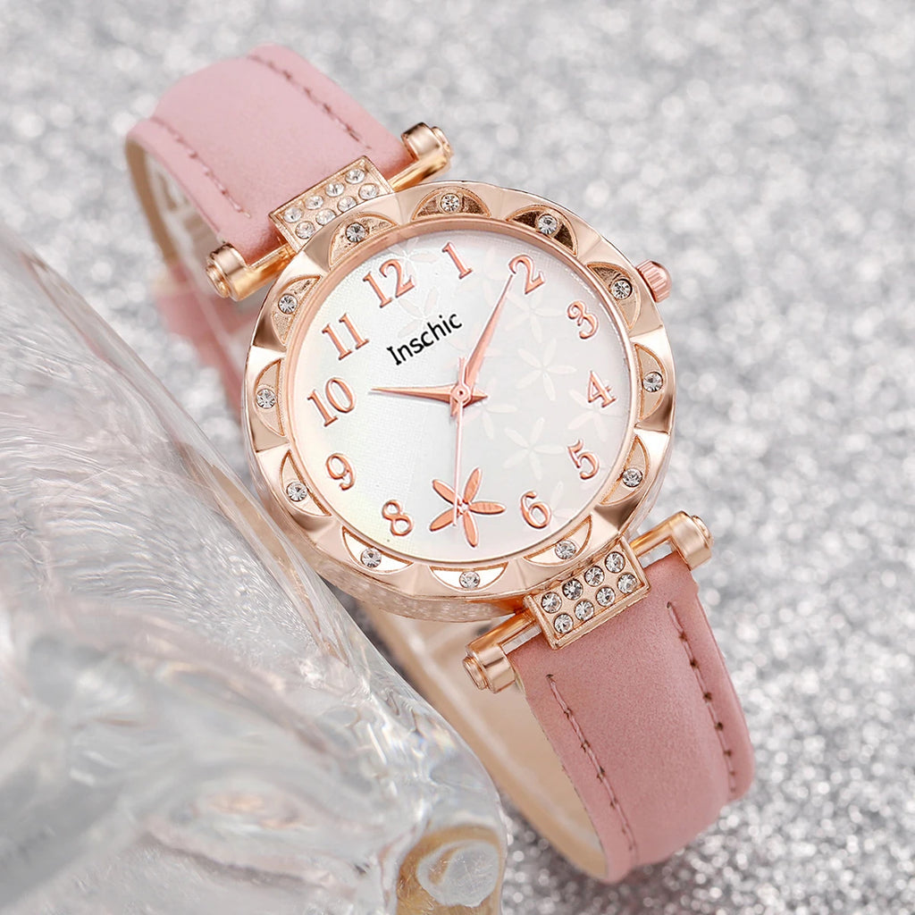 6PCS/Set Women's Watch Fashion Flowers Leather Band Analog Quartz Watches Butterfly Jewelr Set（Without Box）
