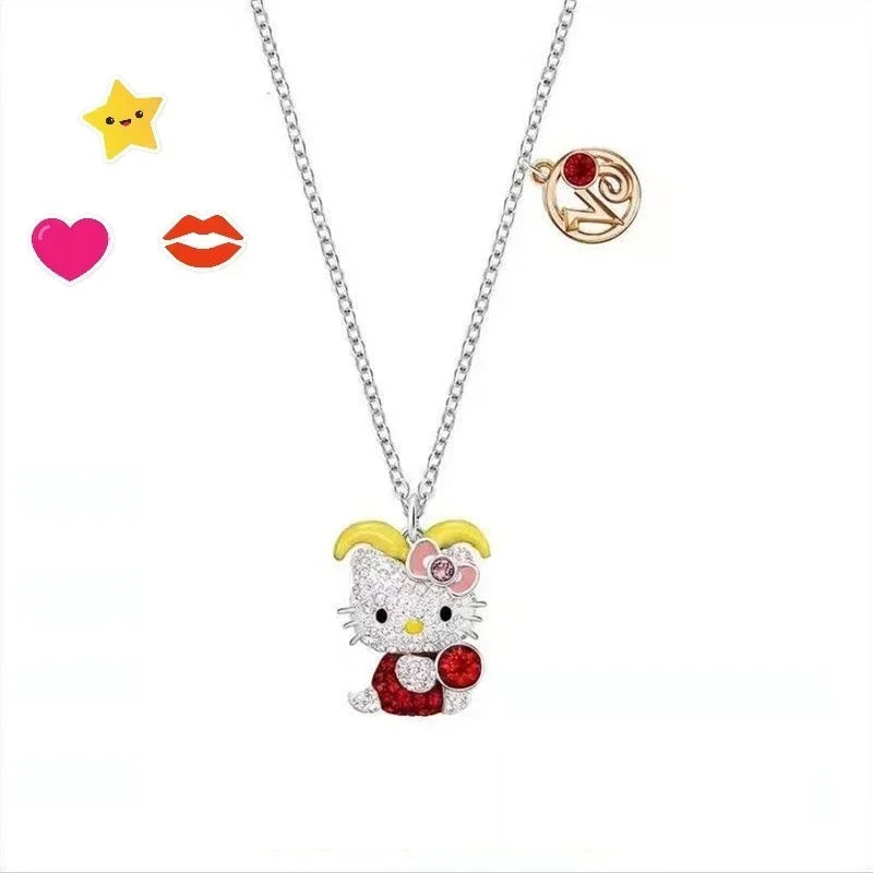 Sanrio Hello Kitty Necklace Anime Character Pink Peach Heart Crystal Cat Push-Pull Bracelet Pendant Couple Decoration Girl Gift