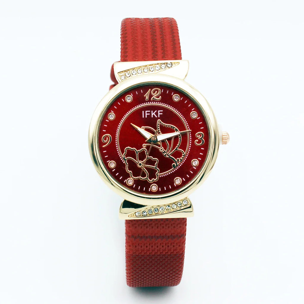 Elegant Rhinestone Butterfly Watch for Women Flower Quartz Crystal Dress Watch with Plaid Leather Strap Fashion Ladies Wristwatc