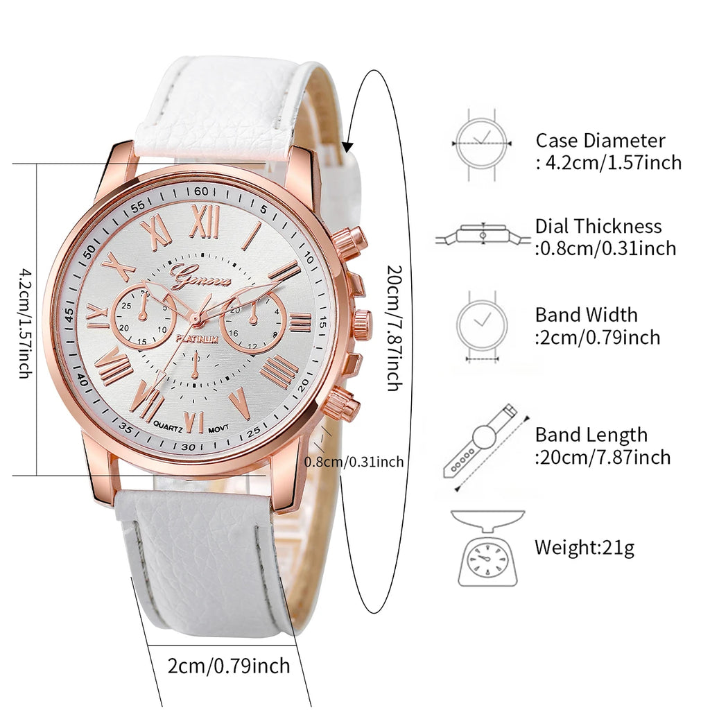 6PCS/Set Women's Watch Fashion Roma Dial Quartz Watch Casual Leather Band Wristwatches Pearls Heart Jewelry Set（Without Box）