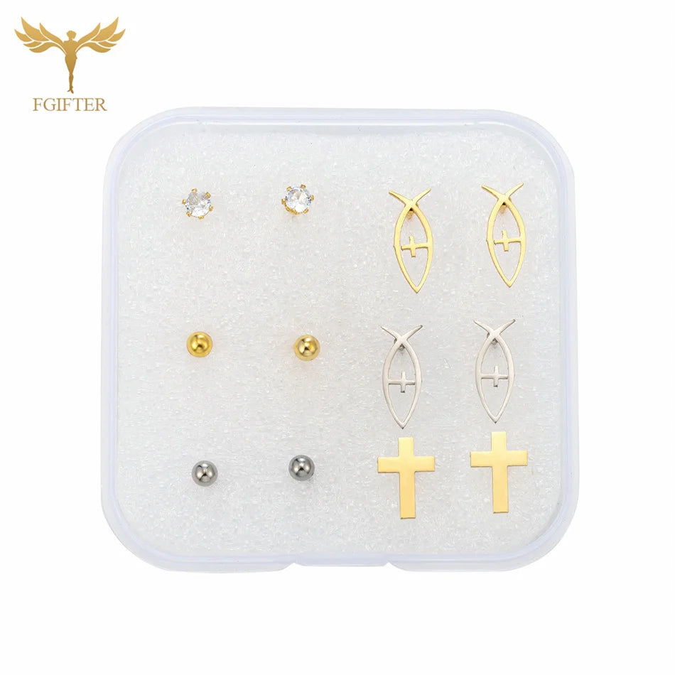 Christian Jesus Cross Earrings Zircon Balls Stainless Steel Stud Earings Set Women Men Jewelry Small Christmas Gifts With Box
