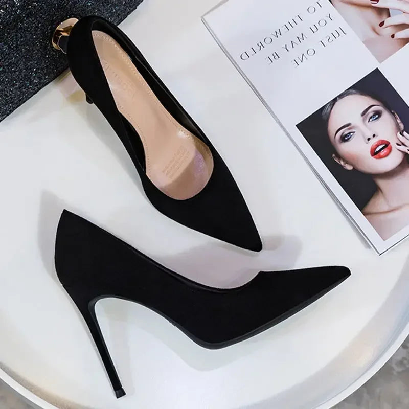 New Fashion women's shoes Sexy black high heels Sharp pointed suede pumps Elegant Shallow Mouth Shoes