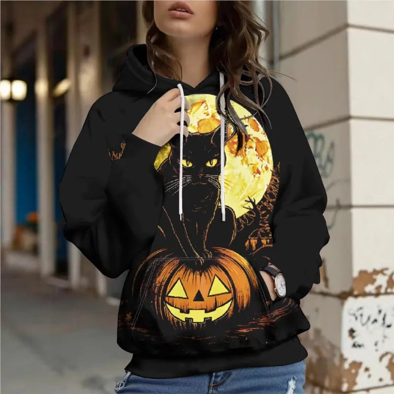Loose Womens Sweatshirt Fashionable Halloween Retro Casual Temperament Commuter Style Long-sleeved Pocket Pullover Hooded Coats