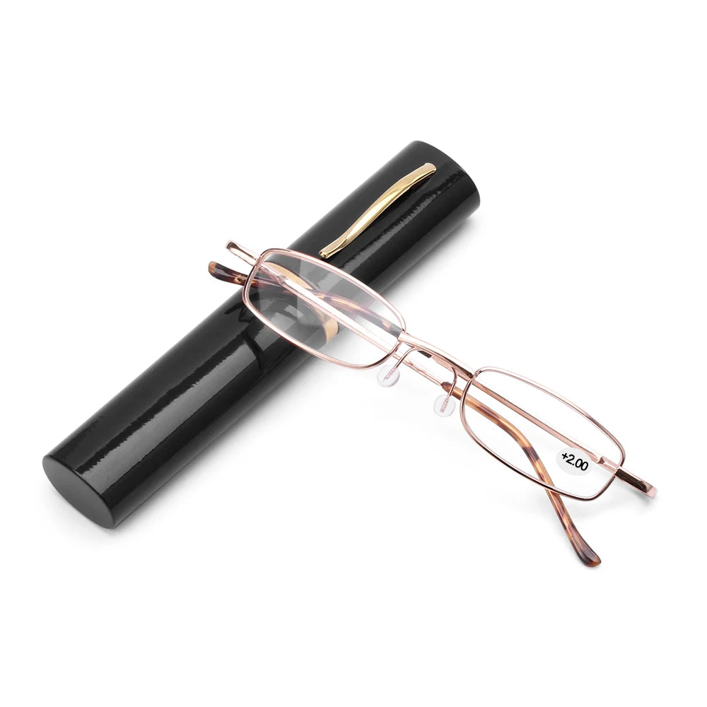 Hot Sale Unisex Stainless Steel Frame Resin Reading Glasses 1.00-4.00 With Tube Case Folding Anti Fatigue Presbyopic Eyeglasses