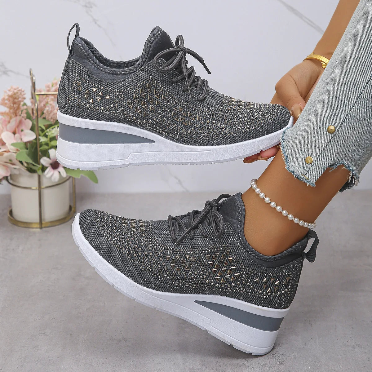 Women's Shiny Rhinestone Wedge Sneakers Breathable Knit Non Slip Walking Shoes Woman Plus Size Fashion Thick Sole White Sneakers