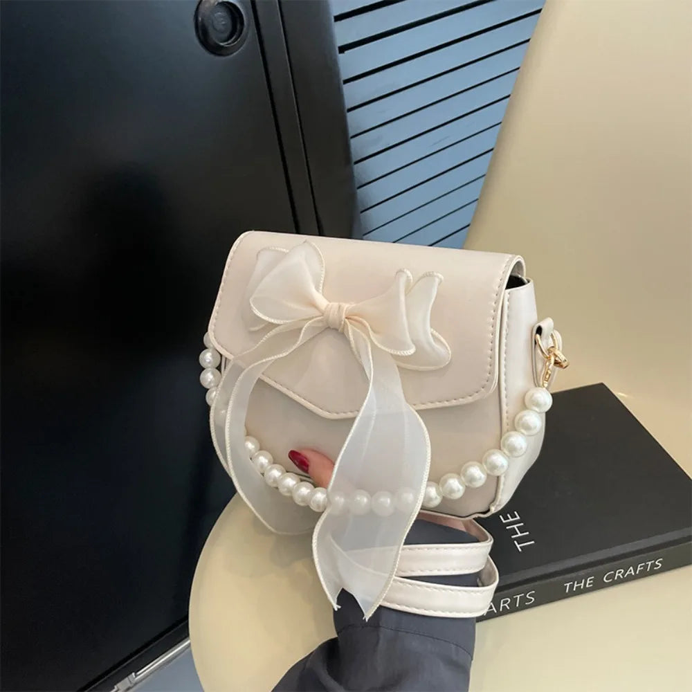 Solid Color PU Leather Pearl Chain Bag Bow Knot Fashion Top-Handle Bag Women Canvas Large Armpit Bag Shoulder Bag