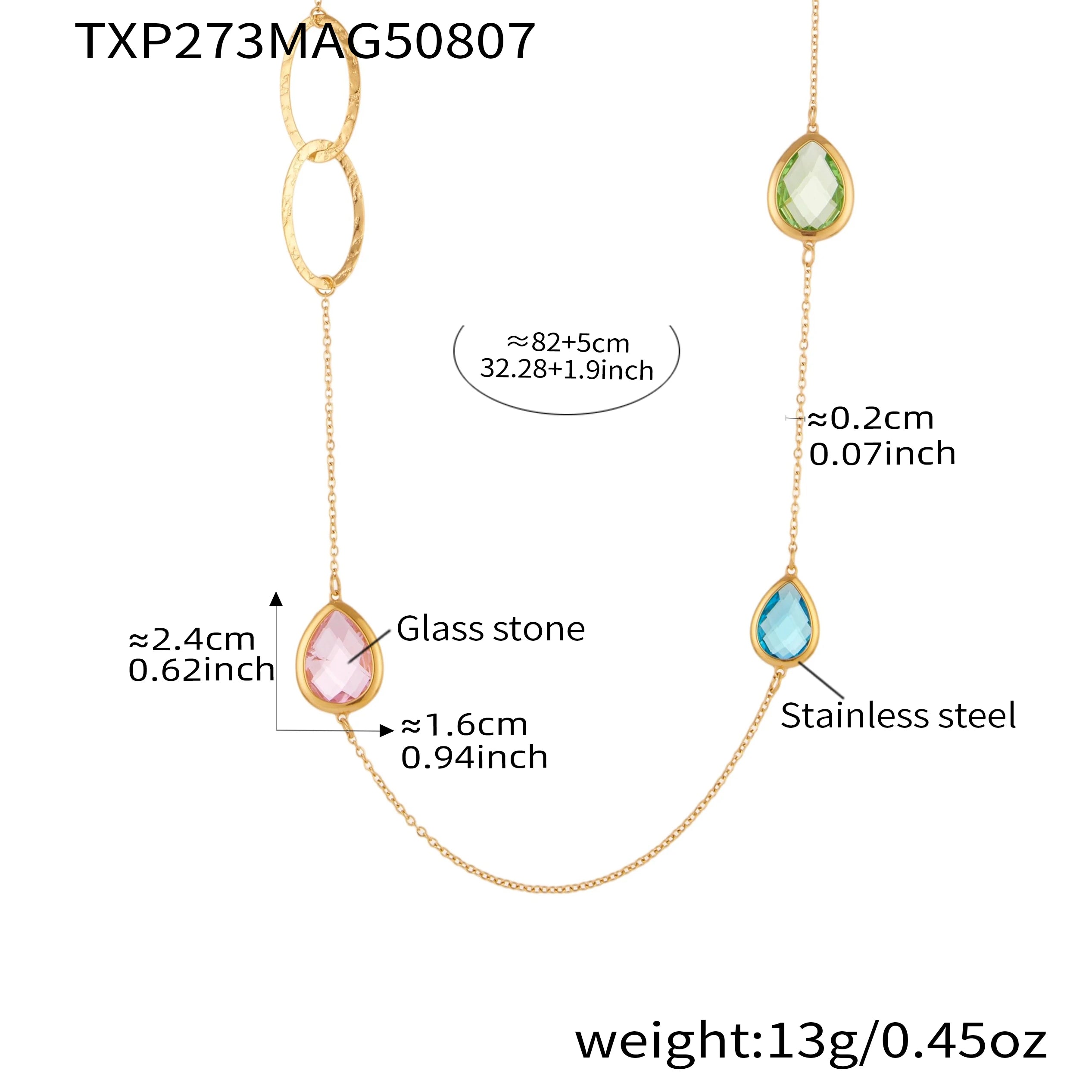 Colorful Glass Water Drop Pendant Necklace for Women's Waterproof Stainless Steel Gold-plated Chain 87cm Long Necklace Jewelry