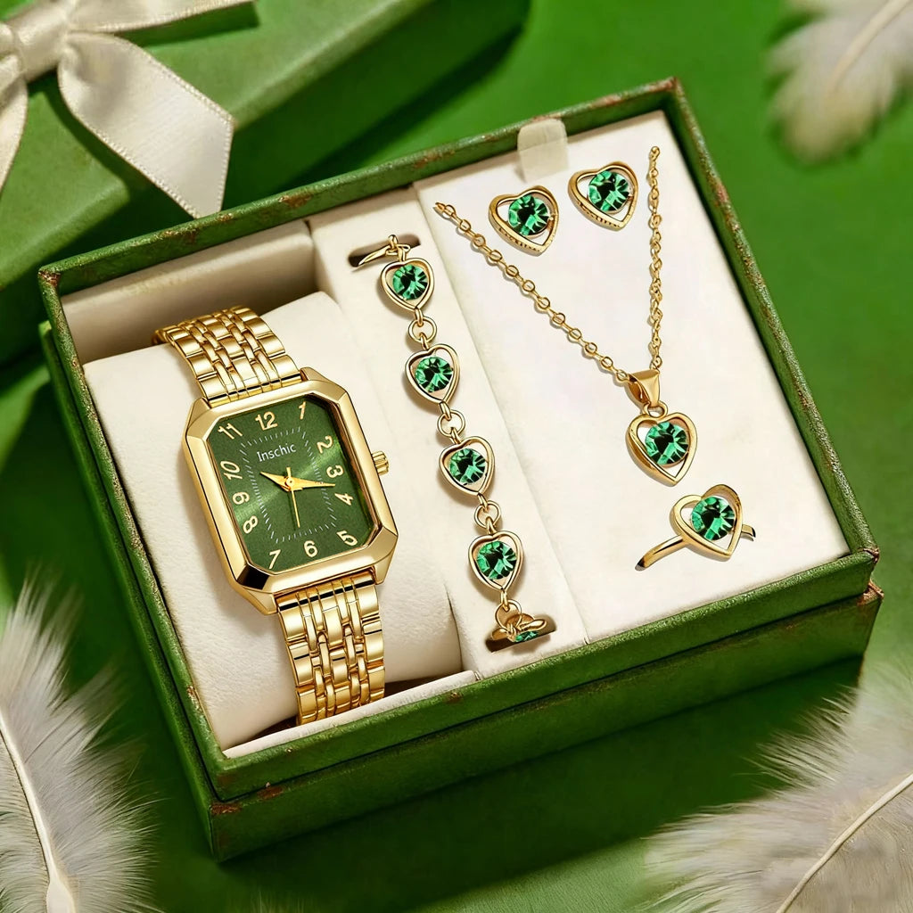 New simple and fashionable women's round dial leather strap quartz watch + exquisite jewelry set Back to school season graduatio