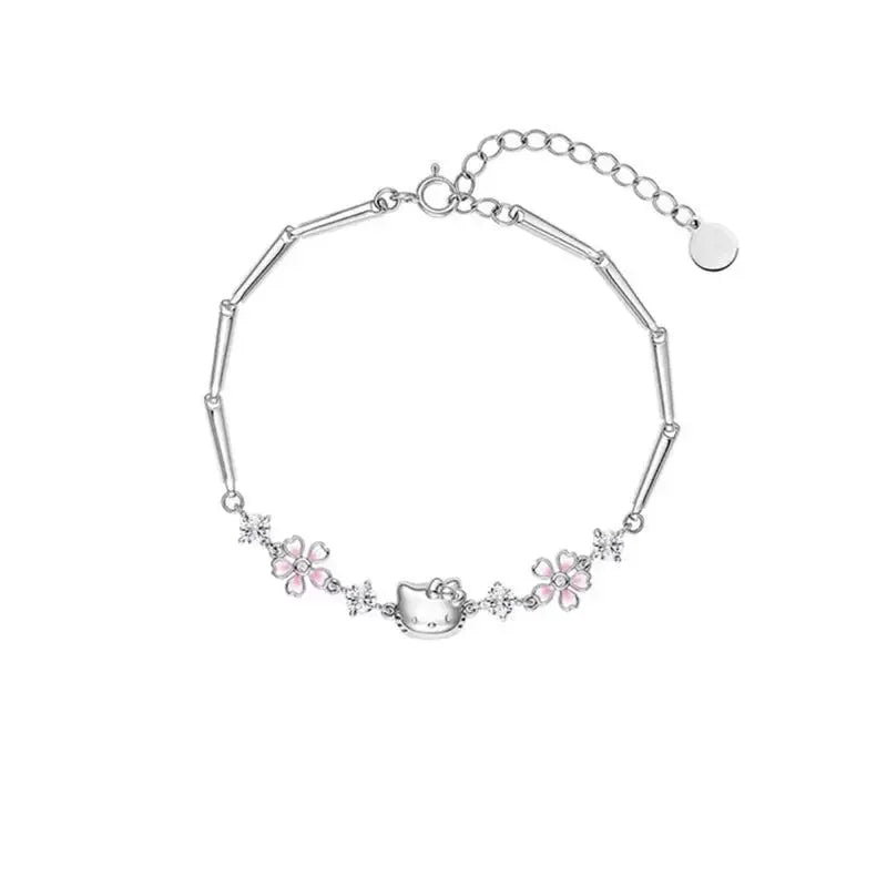 Sanrio Hello Kitty Necklace Anime Character Pink Peach Heart Crystal Cat Push-Pull Bracelet Pendant Couple Decoration Girl Gift