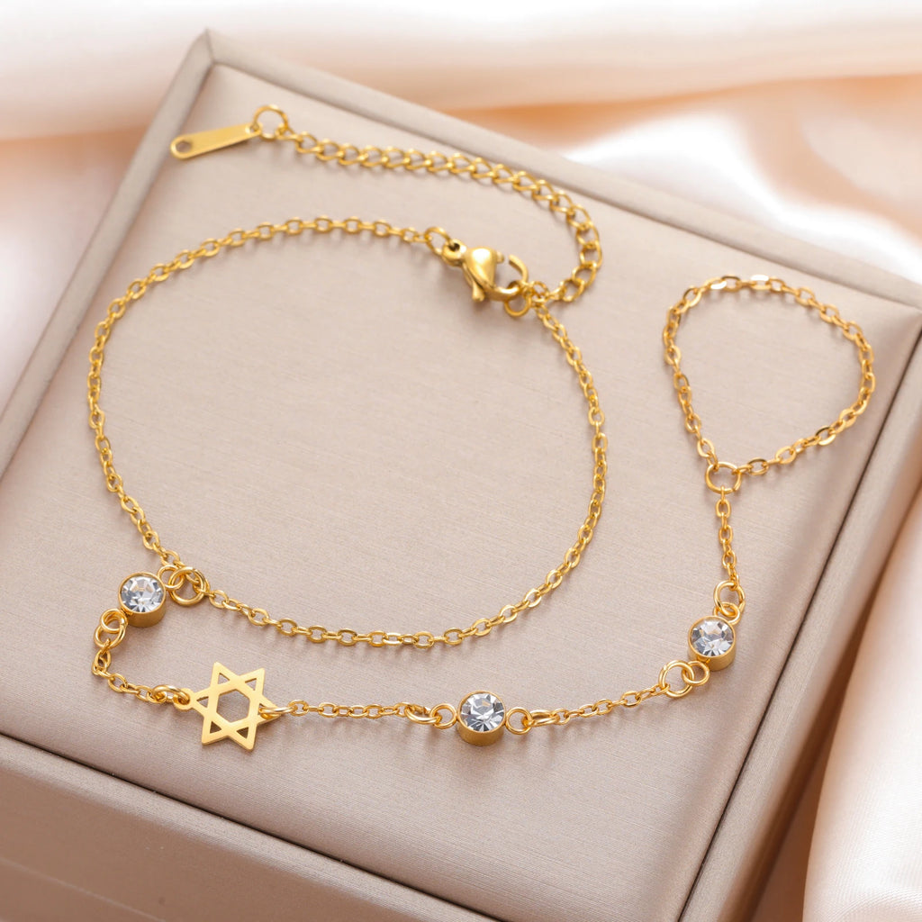Skyrim Star of David Chai Clear Zircon Finger Bracelet Women Stainless Steel Gold Color Bracelets Amulet Jewish Jewelry Gift