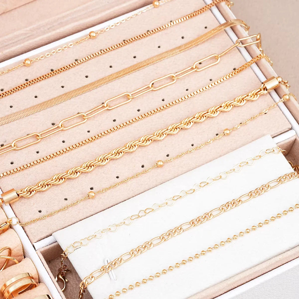 40 Pcs/Set Elegant Geometric Pearl Rings Multi-Layered Heart Zircon Necklace Simple Bracelet 3-In-1 Jewelry Set For Women Gifts