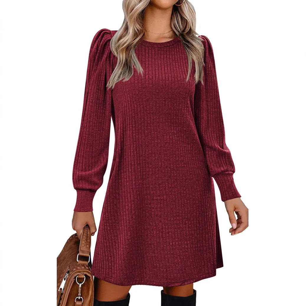 Y2K autumn and winter women's crew neck solid color sweater bubble sleeve fashion commuter dress comfortable casual loose dress