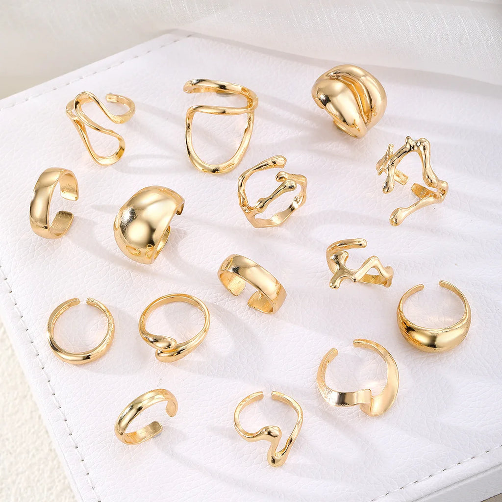15Pcs/Set Exaggerated Metal Irregular Lines Water Droplet Smooth Rings for Women Men Punk Retro Boho Fashion Jewelry Gift
