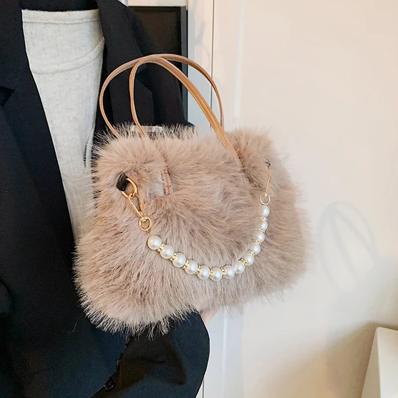 Winter Fashion Faux Fur Crossbody Bags for Women's Gift, Pearl Chain Decor Shoulder Bag, Ladies Handbags Top-handel Bag