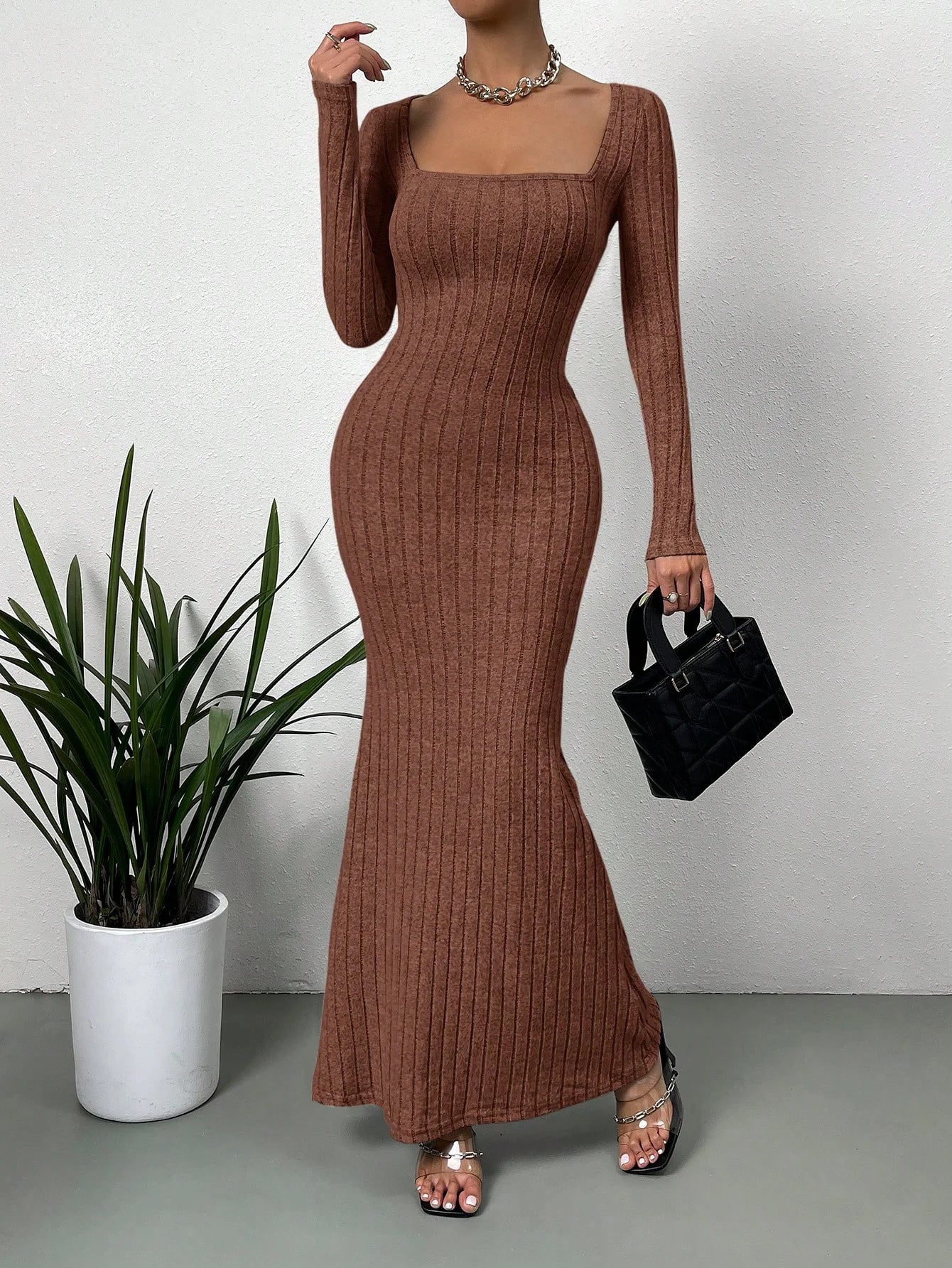 Women's Sexy Square Neck Mid-Length Knitted Dress Slim Fit Retro Long-Sleeved Wrap Hip Robe for Fall