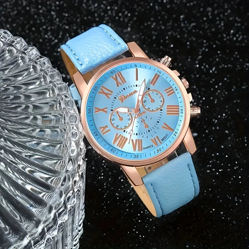 Fashion quartz watch and jewelry set, shock resistant circular analog digital display, PU leather strap, zinc alloy case