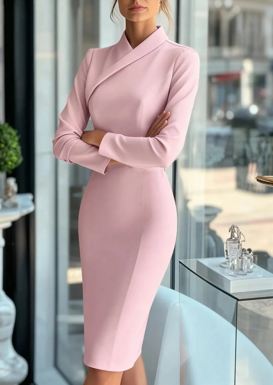 Office Lady Bodycon Midi Dresses For Women 2025 Fashion Solid Color Long Sleeve Slim Party Pencil Dress Elegant