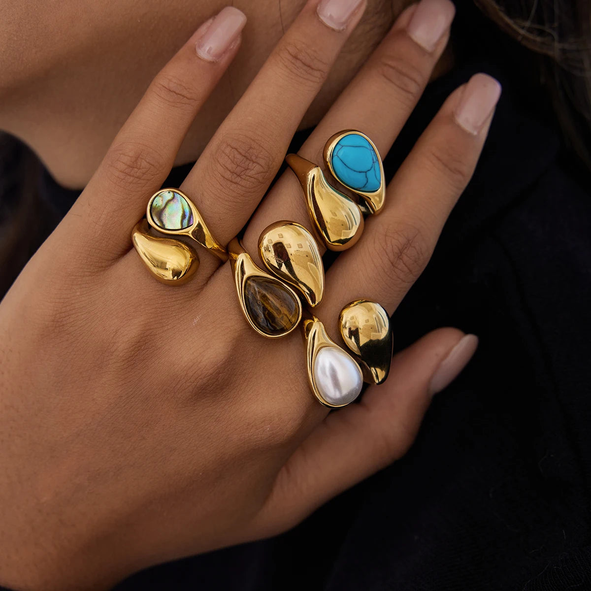 Uworld Vintage Fashion 18K Gold Color Plated Blue Turquoise Asymmetric Open Rings Waterproof Stainless Steel Women Jewelry Party
