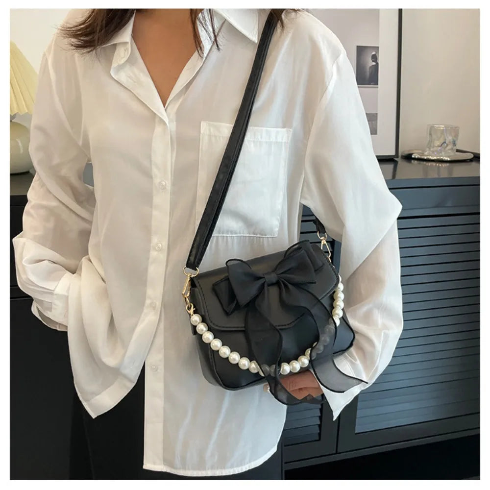 Solid Color PU Leather Pearl Chain Bag Bow Knot Fashion Top-Handle Bag Women Canvas Large Armpit Bag Shoulder Bag