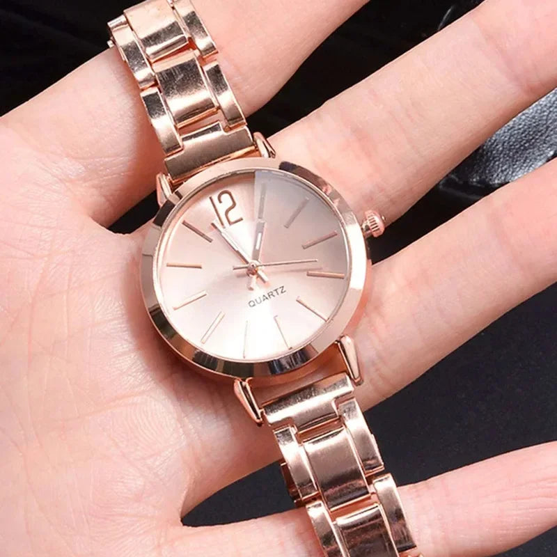2pcs Set Luxury Watch for Women Simple Round Dial Stainless Fashion Gold Bracelet Quartz Wristwatch Ladies Watches Reloj Mujer