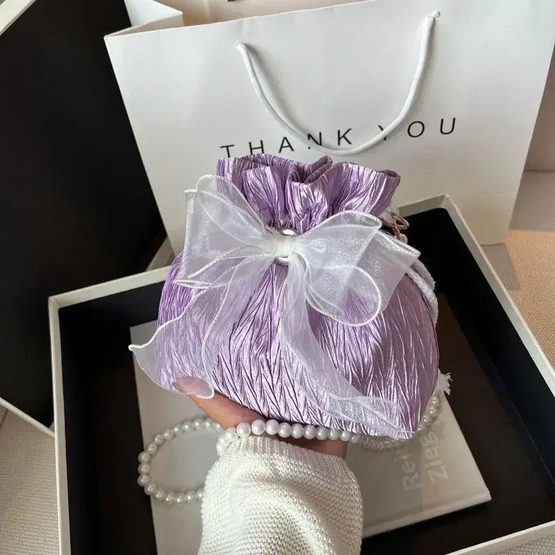 Lace Bow Bucket Crossbody Bags for Women Fashion Sweet Pearl Beading Pouch Ins Ladies Shoulder Handbags All-match Fairy Simple