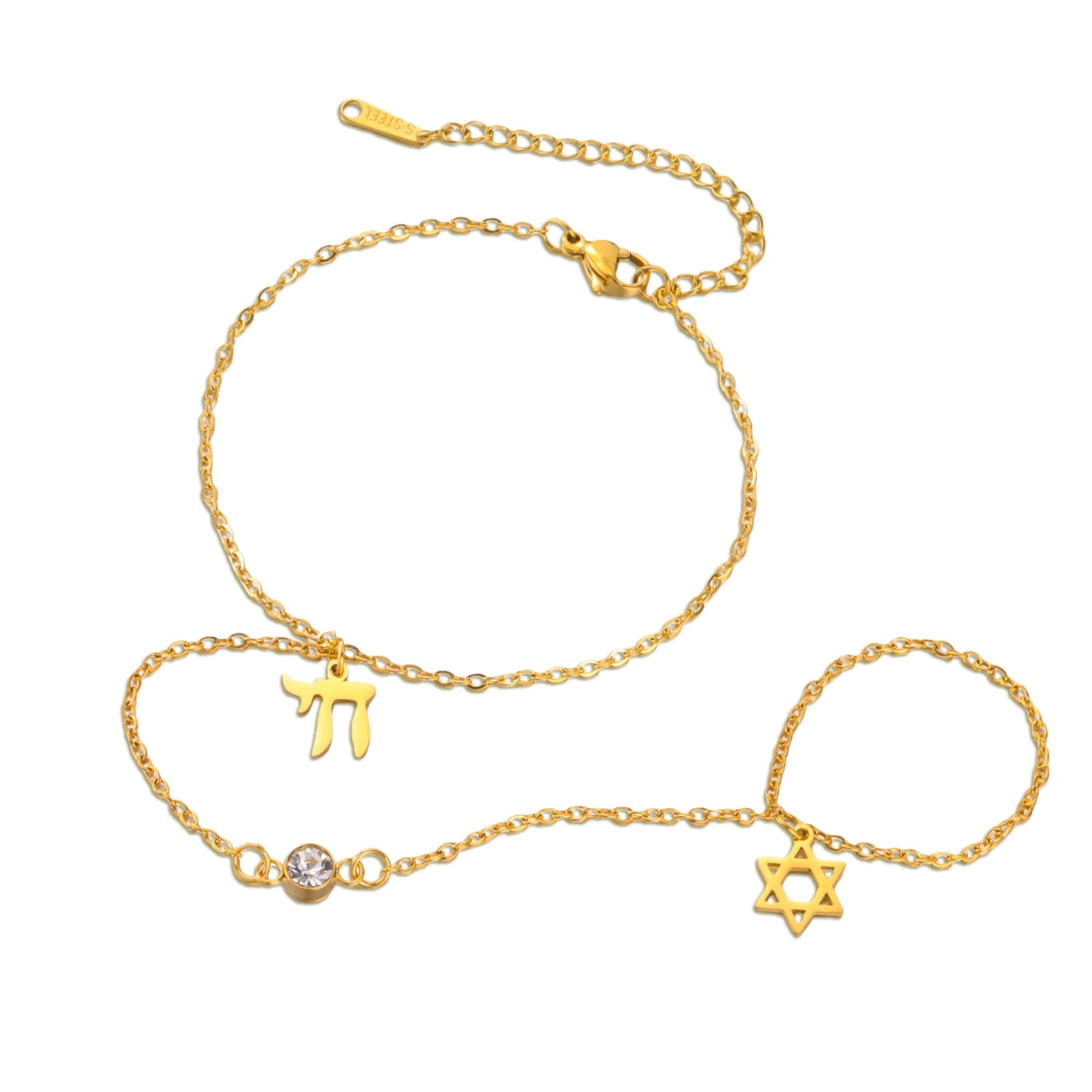 Skyrim Star of David Chai Clear Zircon Finger Bracelet Women Stainless Steel Gold Color Bracelets Amulet Jewish Jewelry Gift