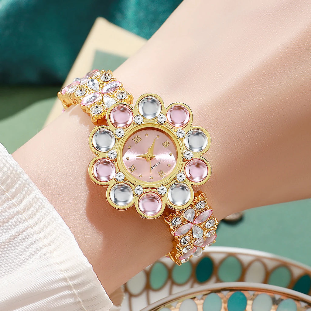 Luxury Rhinestone Women Watches Flower Dial Bracelet Quartz  Wristwatch for Ladies Clock Reloj Mujer