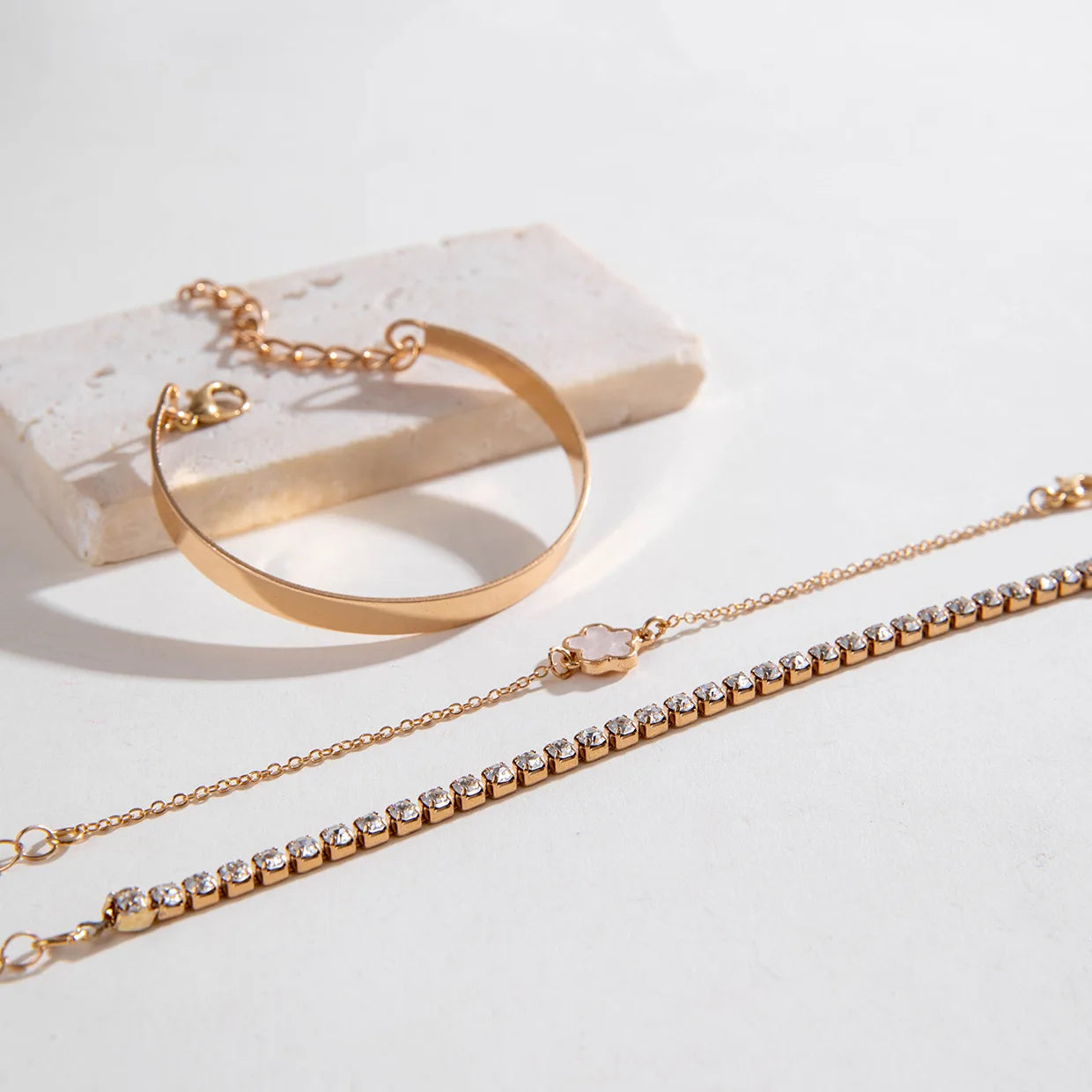 3Pcs/ Set Bohemia Minimalism Metal Rhinestone Chain Bracelet Set for Women Metal Bangle Gold Color Jewelry Gifts