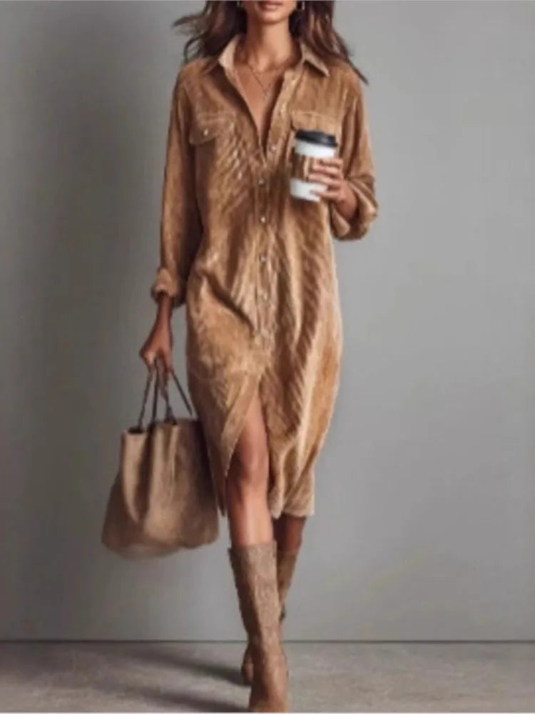 Autumn Winter Long Sleeve Midi Dress Women 2025 Fashion Turn-down Collar Slim Dresses Elegant