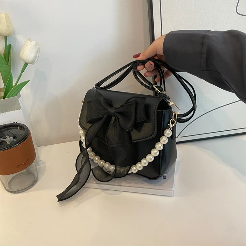 Solid Color PU Leather Pearl Chain Bag Bow Knot Fashion Top-Handle Bag Women Canvas Large Armpit Bag Shoulder Bag
