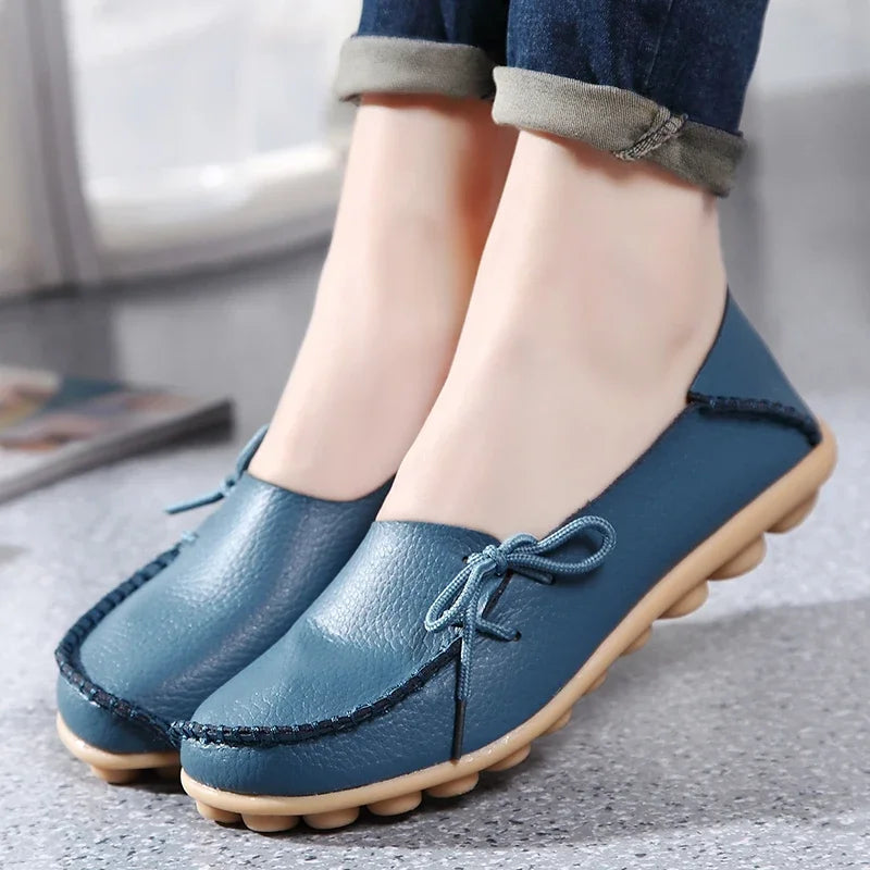 Moccasins Women Flats  Autumn New Woman Loafers Genuine Leather Female Shoes Slip on Ballet Bowtie Women's Shoes Big Size