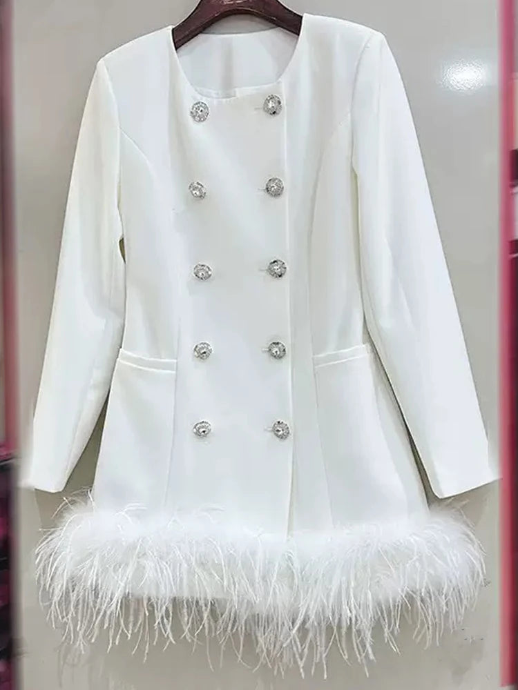 Retro round neck double-breasted square drill hem stitching ostrich hair suit dress autumn new female high-grade short dress ski