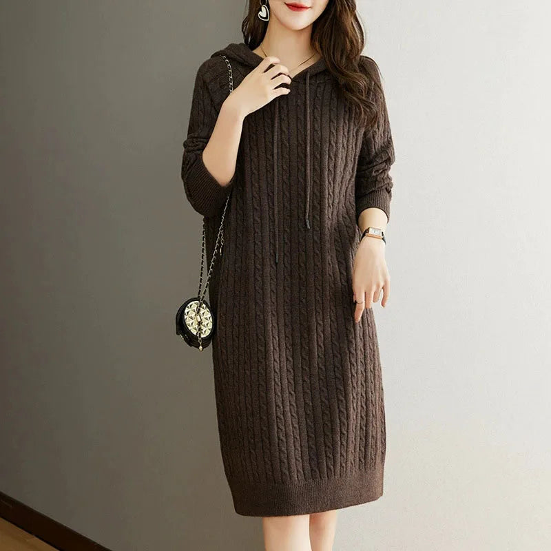 Women Pullover Sweater Dresses Streetwear Casual Loose Hooded Midi Dress for Woman Vintage Versatile Knee Length Knitted Dress
