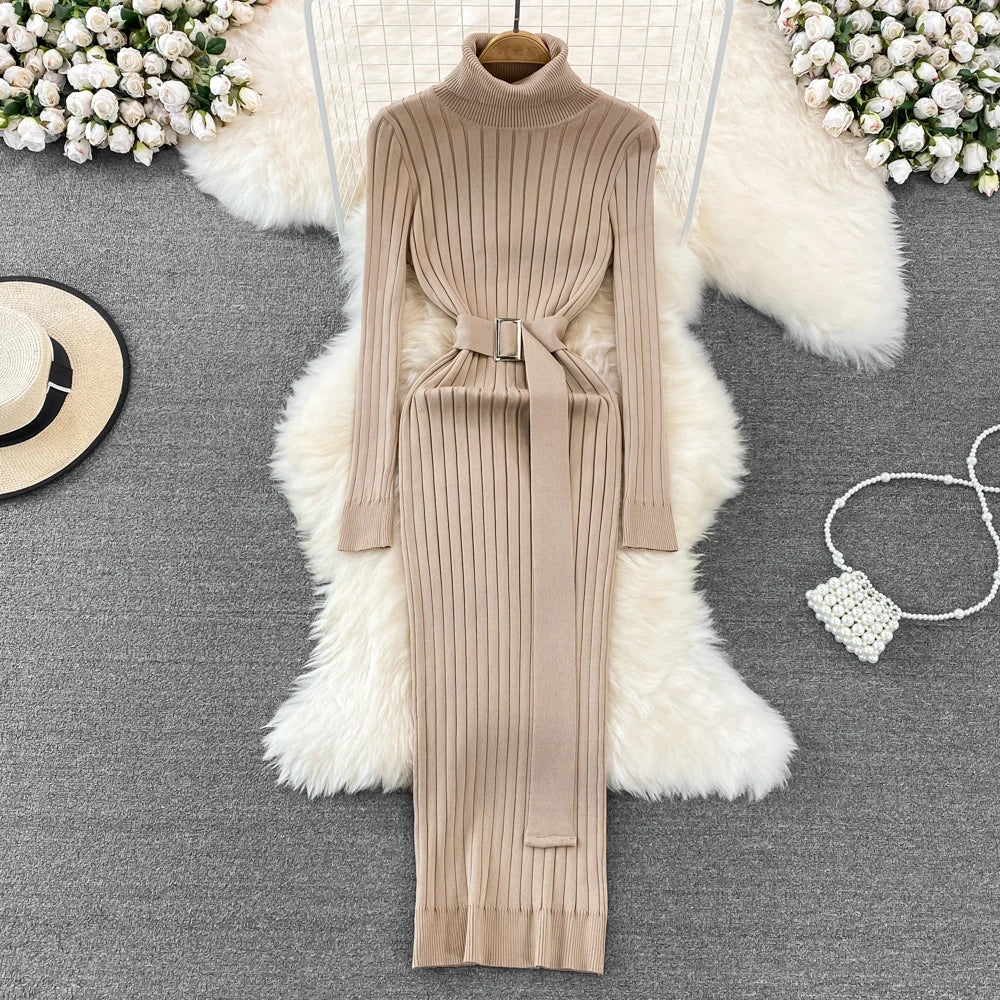YuooMuoo Ins Hot Turtleneck Sexy Wrap Hips Knitted Dresses Women 2025 Autumn Winter Long Sleeve Bodycon Sweater Dress with Belt