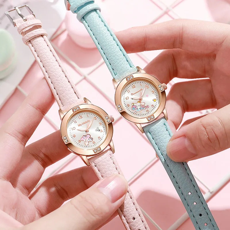 Sanrio Hello Kitty Watches Cinnamoroll Kuromi My Melody Cute Cartoon Rose Gold with Diamond Belt Watch Women's Quartz Watch
