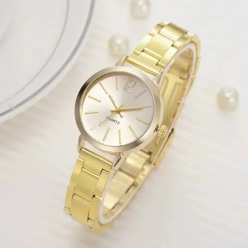 2pcs Set Luxury Watch for Women Simple Round Dial Stainless Fashion Gold Bracelet Quartz Wristwatch Ladies Watches Reloj Mujer