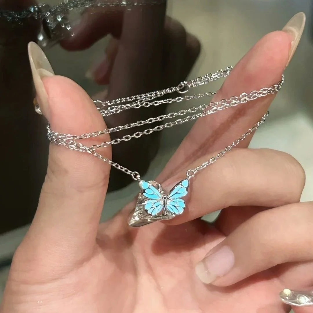 Fashion Blue Luminous Butterfly Necklace Bracelet Set for Glow in the Dark Women Clavicle Chain Choker Party Jewelry Set Gift