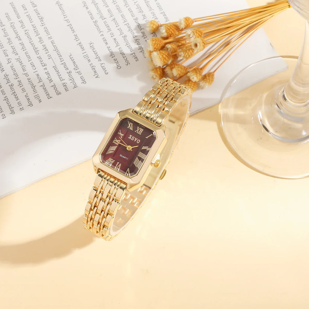 Business lady watch with bracelet set; no gift box; red square quartz dial; suitable for festivals and birthdays