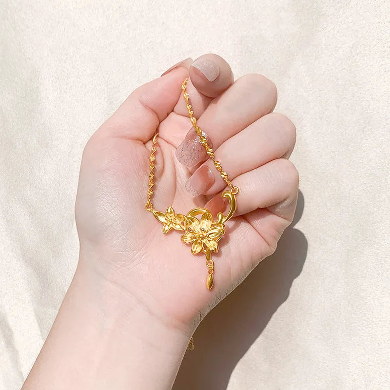 Luxury 24K 9999 Pure Gold real gold Women's Twin Flower Tassel Vine Necklace