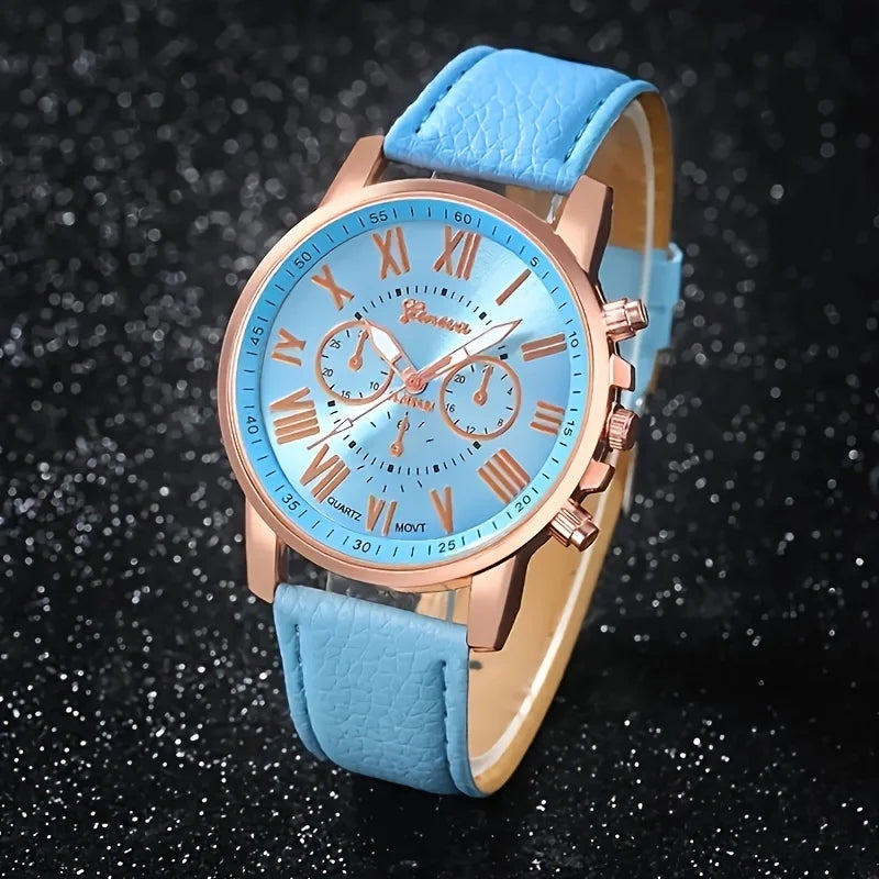 Fashion quartz watch and jewelry set, shock resistant circular analog digital display, PU leather strap, zinc alloy case