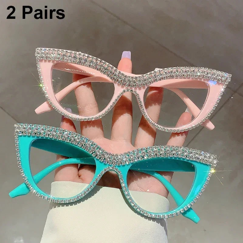 2 Pairs Per Set Cat Eye Glasses with Rhinestones Women Fashion Brand Design Optical Frames Trendy Chic Casual Decor Eyeglasses
